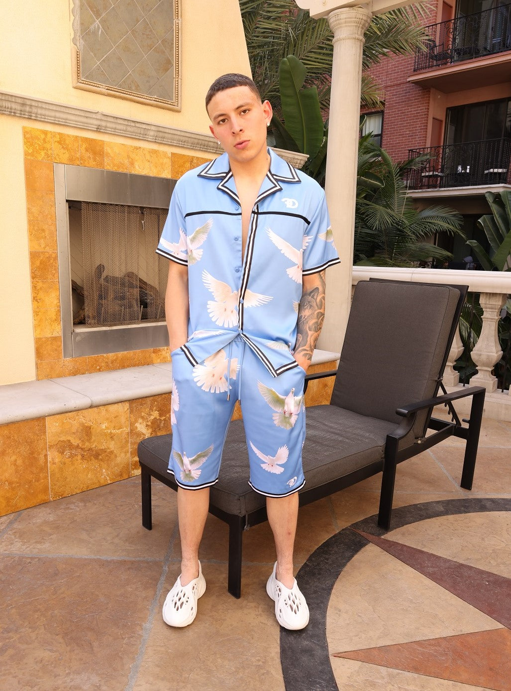 F545 Frost Dove Satin Button Down Set - Blue