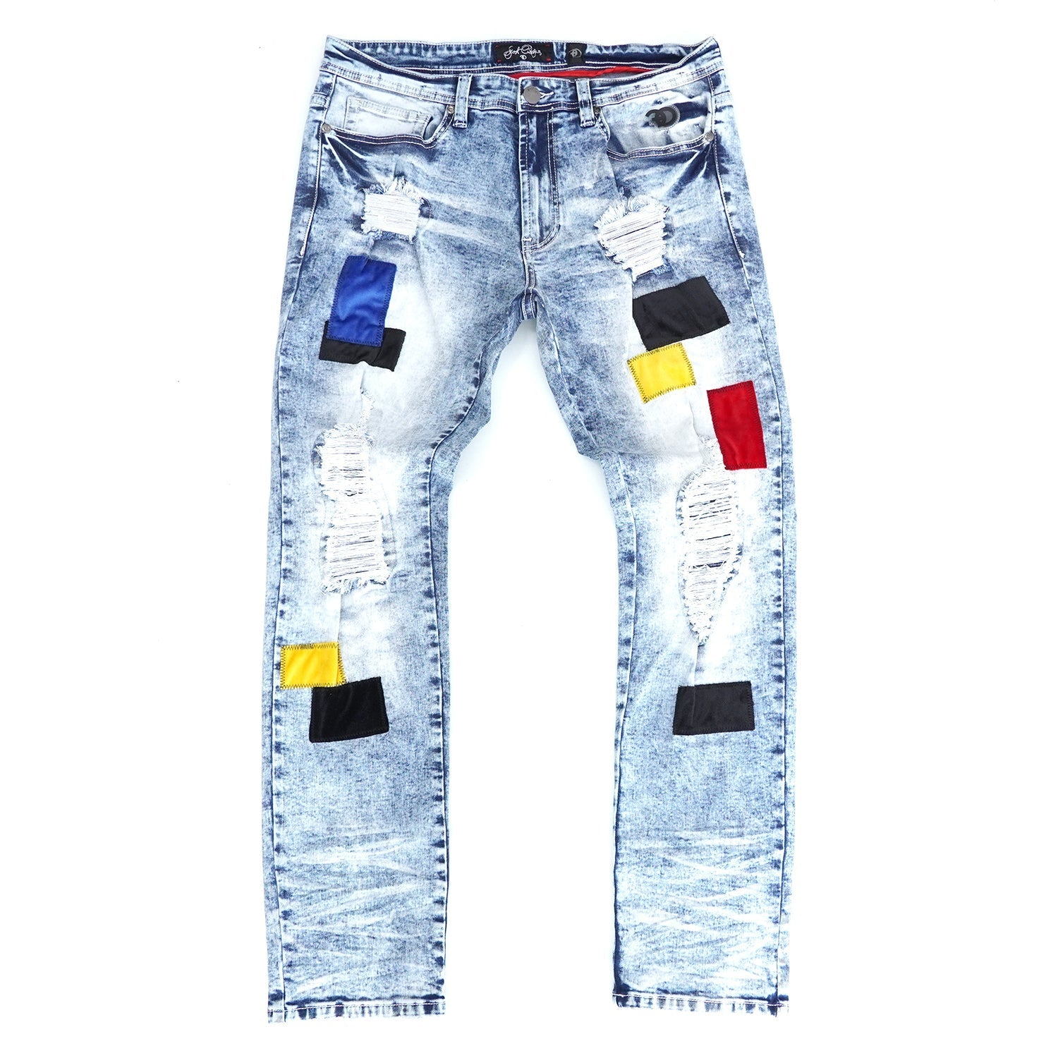F1715 Frost Patchwork Denim Shredded Jeans  - Light Wash