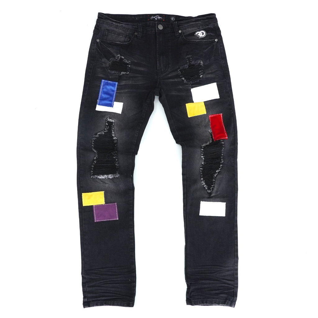 F1715 Frost Patchwork Denim Shredded Jeans - Black Wash