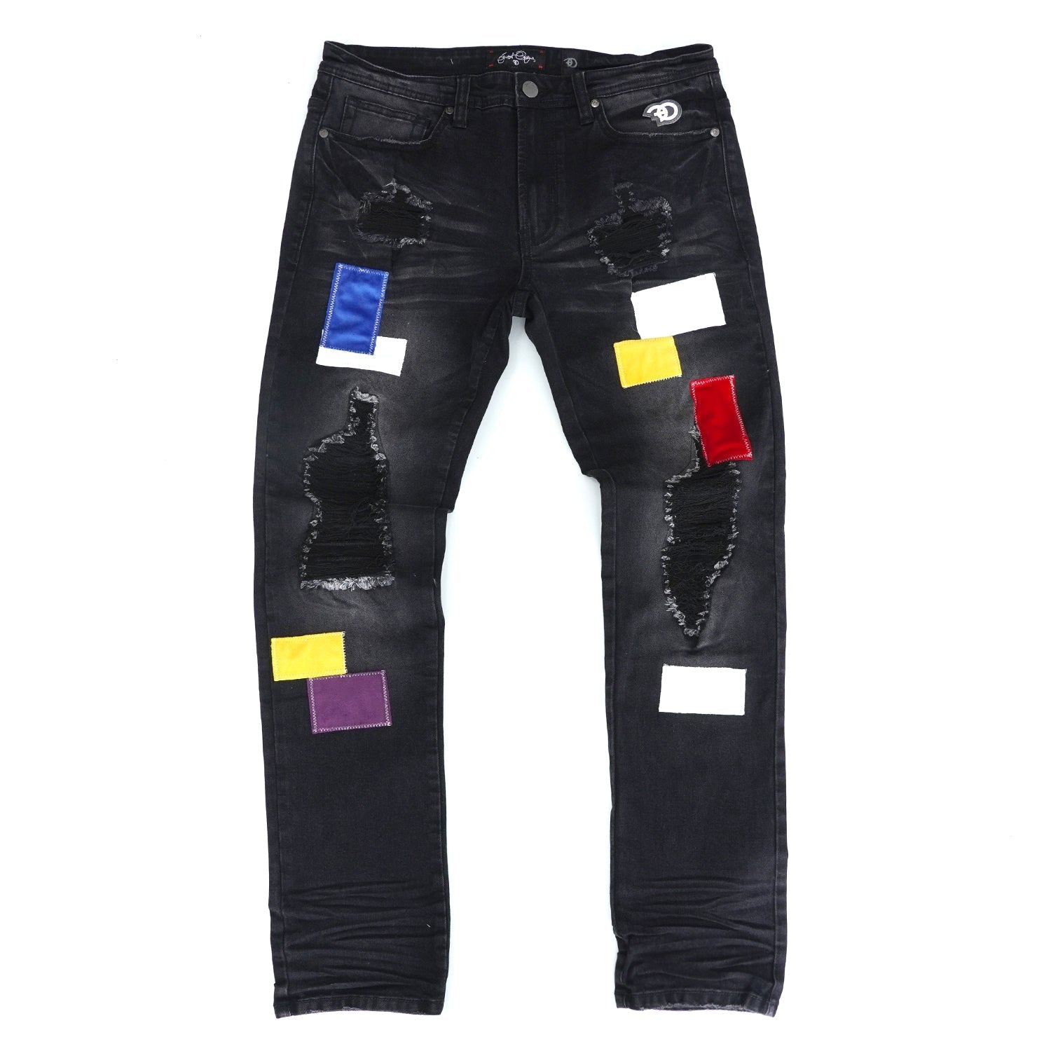 F1715 Frost Patchwork Denim Shredded Jeans - Black Wash