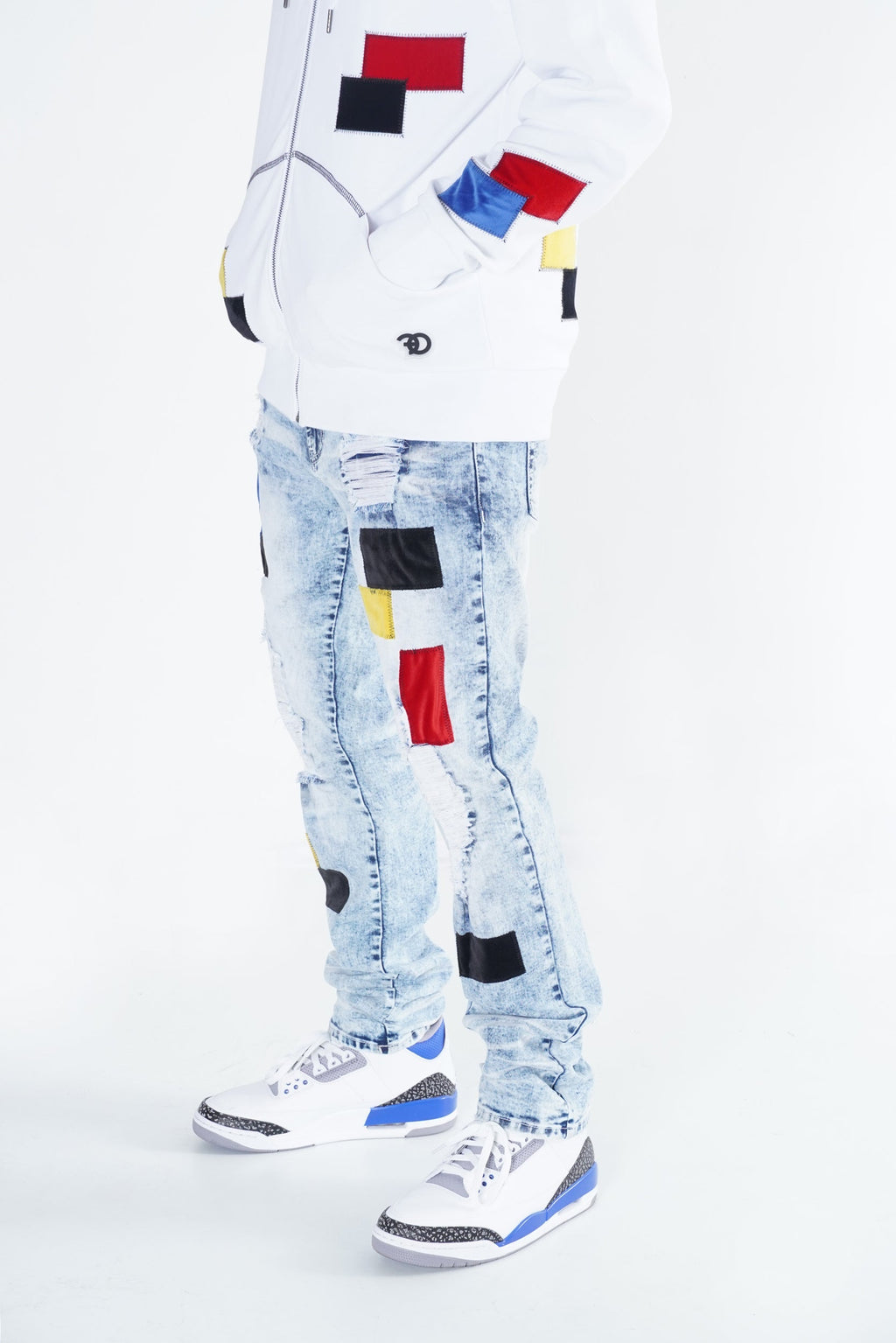 F1715 Frost Patchwork Denim Shredded Jeans  - Light Wash