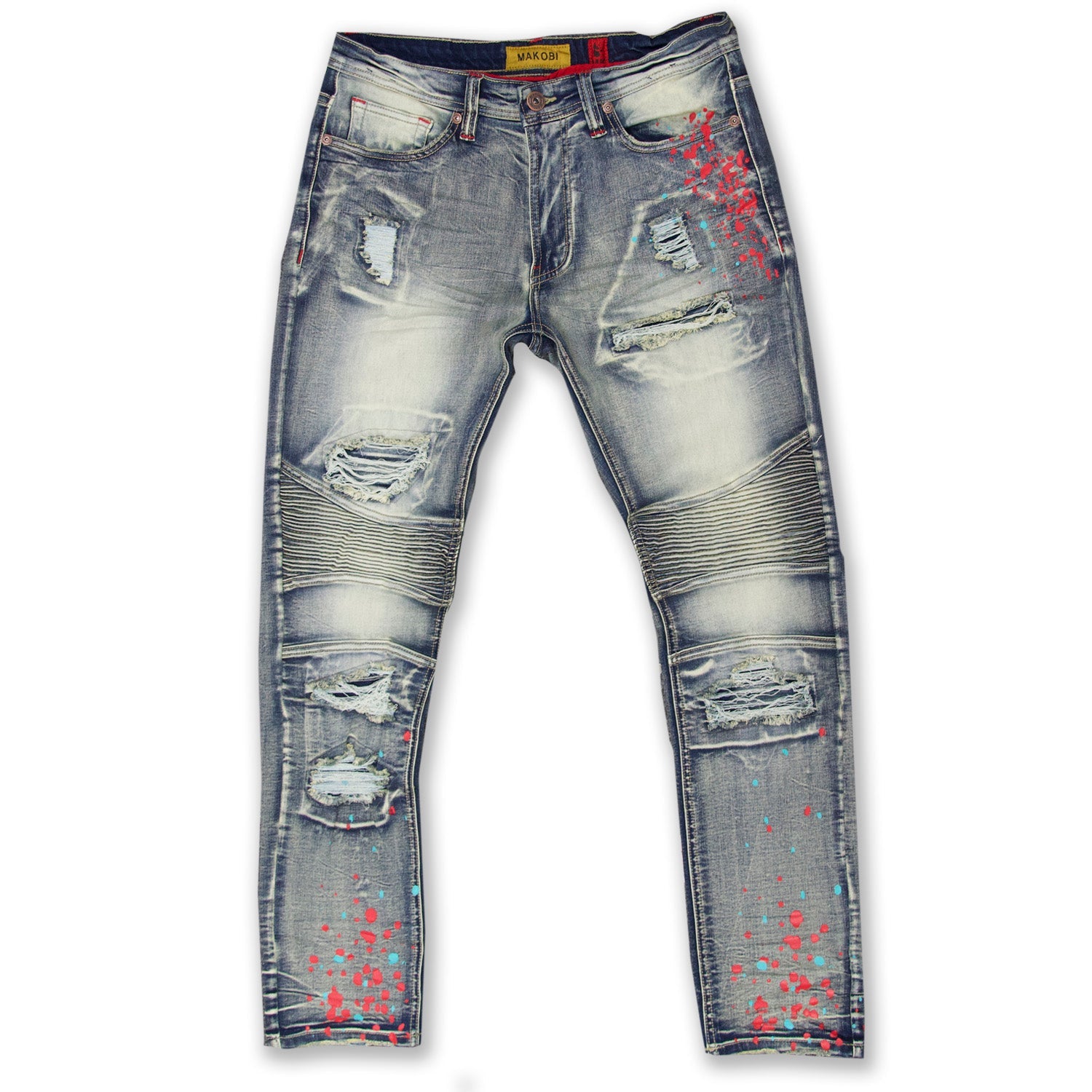 M1783 Makobi Cape Biker Jeans with Paint Splash - Dirt Wash