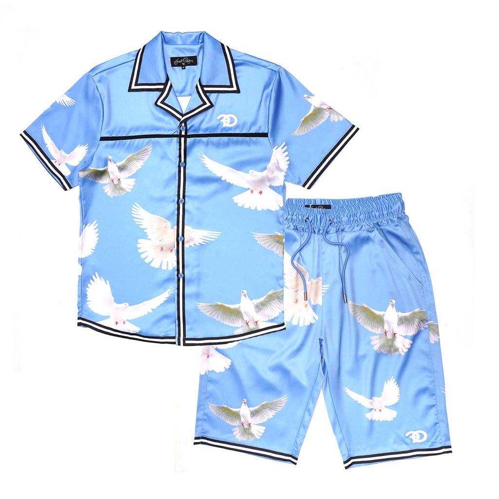 F545 Frost Dove Satin Button Down Set - Blue